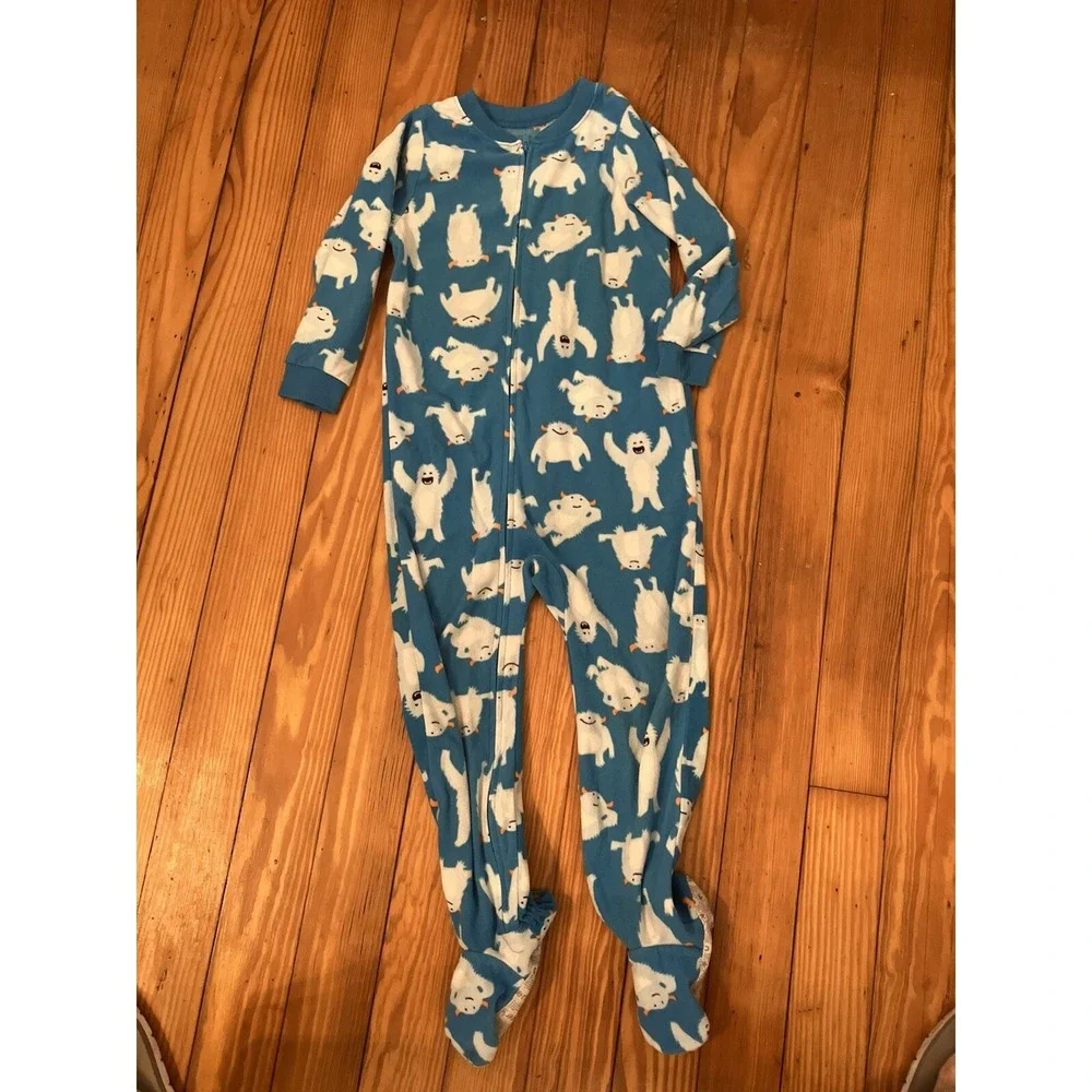 2 Carter's Pj's Boys Sz 4‎ Blue Polar Bear Moose Fleece Footie PJs